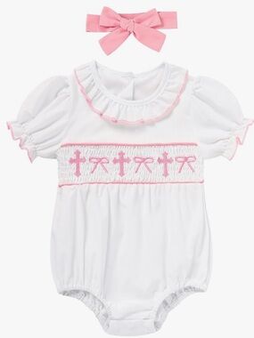 White Baby Smocked Cross Romper with Pink Trim and Bow Embroidered Church